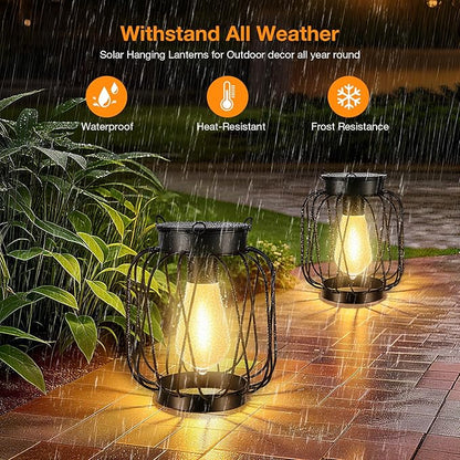 Solar Lanterns Outdoor 2 Pack, Metal Solar Hanging Lanterns with Hook - Outdoor Hanging Lantern Lights Waterproof, Bright Warm Lantern Decor for Outside Garden Yard Patio Pathway