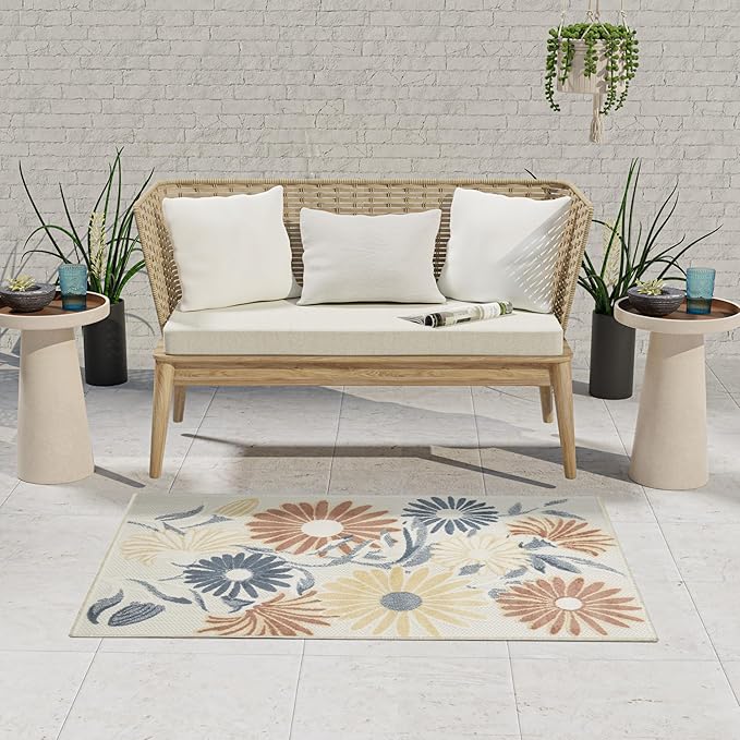 Nourison Aloha Ivory Rose 2'8" x 4' Area Rug - Easy Clean, Non Shedding, Bed Room, Living Room, Dining Room, Kitchen (3' x 4')