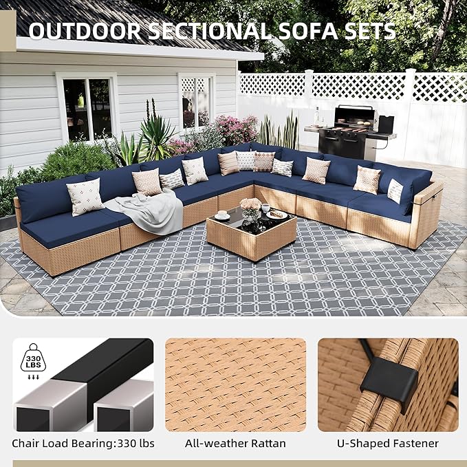 UPHA 9 Pieces Patio Furniture Sets Outdoor Sectional Sofa Wicker Conversation Couch for Decks, Backyards, Gardens, Yellow Rattan, Navyblue Cushion