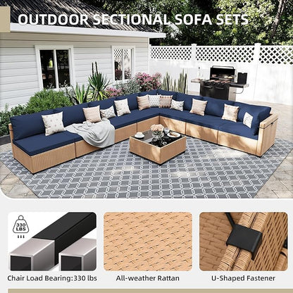 UPHA 9 Pieces Patio Furniture Sets Outdoor Sectional Sofa Wicker Conversation Couch for Decks, Backyards, Gardens, Yellow Rattan, Navyblue Cushion