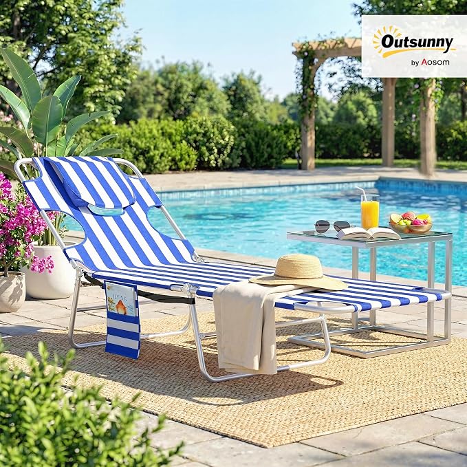 Outsunny Chaise Lounge Chair Outdoor with Face Arm Hole, 5-Position Reclining Face Down Tanning Chair with Carry Strap, Side Pocket, Portable Folding Bed Cot for Patio Beach Pool, Blue Stripe