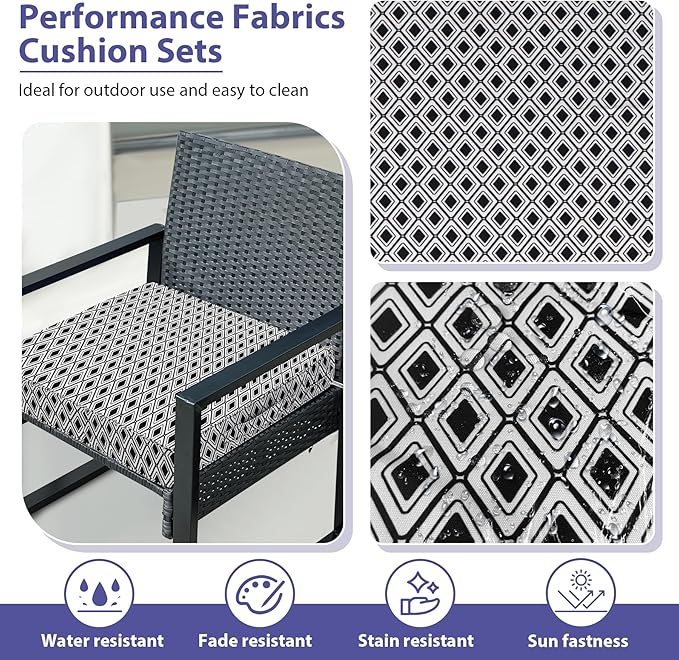 Outdoor Chair Cushions Set of 4,Waterproof Outdoor Seat Cushions for Patio Furniture,Patio Chair Cushion with Handle and Ties, Out Door Chair Pads,17" x 16" x 2", Black Geometry