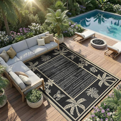 Garvee Outdoor Rug 5x8 Waterproof for Patios, Reversible Plastic Straw Rug, Tropical Leaf Indoor Outdoor Rugs, Large Area Rug for RV, Camping, Deck, Picnic Mat, Outside Carpet, Black & Brown