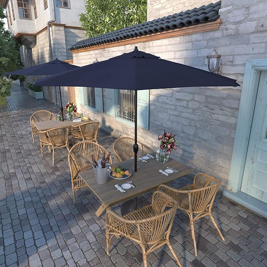 California Umbrella 9' Round Aluminum Outdoor Deck, Pool or Patio Umbrella, Crank Lift, Auto Tilt, Bronze Pole, Navy Blue Olefin