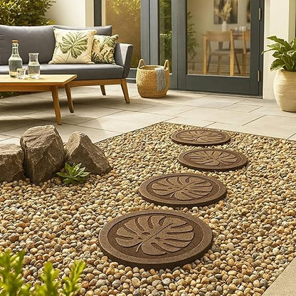 TierraVerde 4-Pack 18”x18” Fake Tropical Leaf Rubber Stepping Stones, Round, Brown – Reversible Non-Slip Outdoor Faux Decorative Set for Landscaping – DIY Decor for Walkways & Yard Pathways