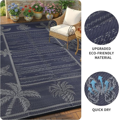 Garvee Outdoor Rug 9x12 Waterproof for Patios, Reversible Plastic Straw Rug, Tropical Leaf Indoor Outdoor Rugs, Large Area Rug for RV, Camping, Deck, Picnic Mat, Outside Carpet