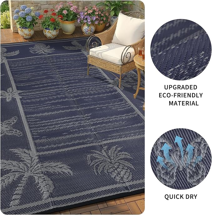 Garvee Outdoor Rug 5x8 Waterproof for Patios, Reversible Plastic Straw Rug, Tropical Leaf Indoor Outdoor Rugs, Large Area Rug for RV, Camping, Deck, Picnic Mat, Outside Carpet, Navy & Grey