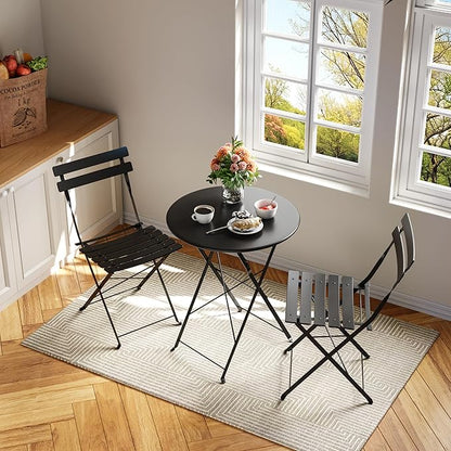 Premium Steel Frame Patio Bistro Set, 3-Piece Outdoor Folding Table and Chairs, Weather Resistant Conversation Sets of 2, Space Saving Patio Furniture for Backyard Balcony Porch Garden, Black