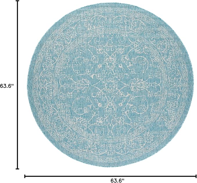 SAFAVIEH Washable Rug Outdoor Courtyard Collection - 5'3" Round, Aqua Blue & Grey, Non-Shedding & Easy Cleaning, Ideal for Patio, Backyard, Mudroom (CY8680-37121)