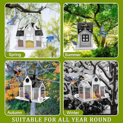 Solar Bird Feeders House for Outside Hanging, Metal Wild Bird Feeder for Outdoors Large Capacity Cardinal Birdfeeder Birdhouses Metal Bird Feeding Station White