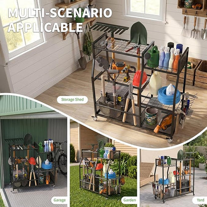 HOTEAGLE Garden Tool Organizer for Garage with 35.4” Width(High Stability), Outdoor Metal Utility Rolling Carts with Mute Wheels & 18.5mm Thick Rods, Easy to Clean, Black