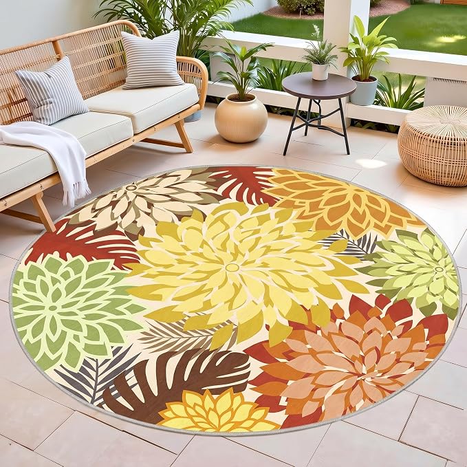 Colorful 6FT Outdoor Round Area Rug Washable Rugs Multicolored Patio Rug Tropical Botanical Floral Chenille Waterproof Outdoor Carpet for RV, Pool Deck, Backyard, Porch, Orange