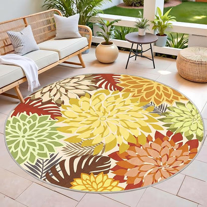 Colorful 6FT Outdoor Round Area Rug Washable Rugs Multicolored Patio Rug Tropical Botanical Floral Chenille Waterproof Outdoor Carpet for RV, Pool Deck, Backyard, Porch, Orange