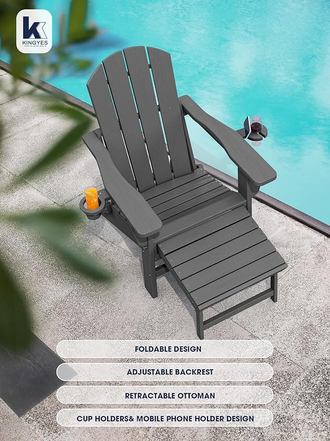 KINGYES Folding Adjustable Adirondack Chair with Retractable Ottoman Set of 2, HDPE All Weather Chair with Cup Holder, Wood-Like Reclining Adirondack Outdoor Chair - Versatile Adirondack Chair, Grey