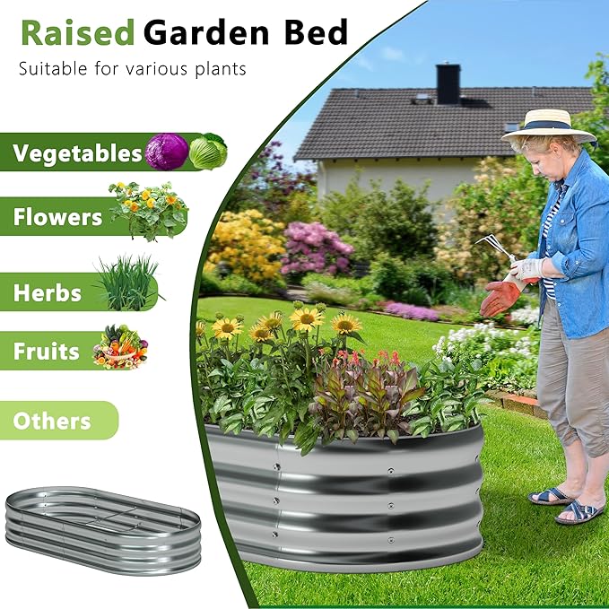 Foxlang 8x2x1ft(2 Pack) Galvanized Oval Raised Garden Bed,Outdoor Planter Box Metal Patio Kit Planting Bed for Vegetables Flowers Herb,Silver