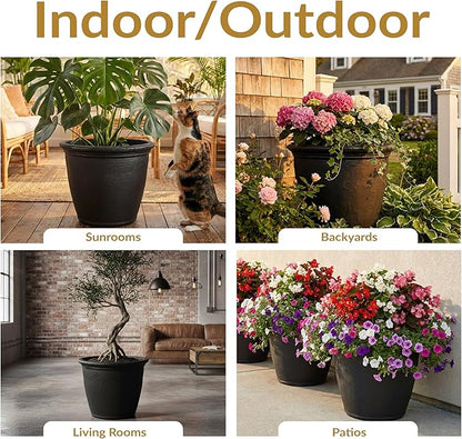 Sunnydaze 24-Inch Anjelica Large Plastic Pot for Plants - Outdoor Double-Walled Large Plastic Planter with Drillable Drainage Holes - Matte Black - 4pk