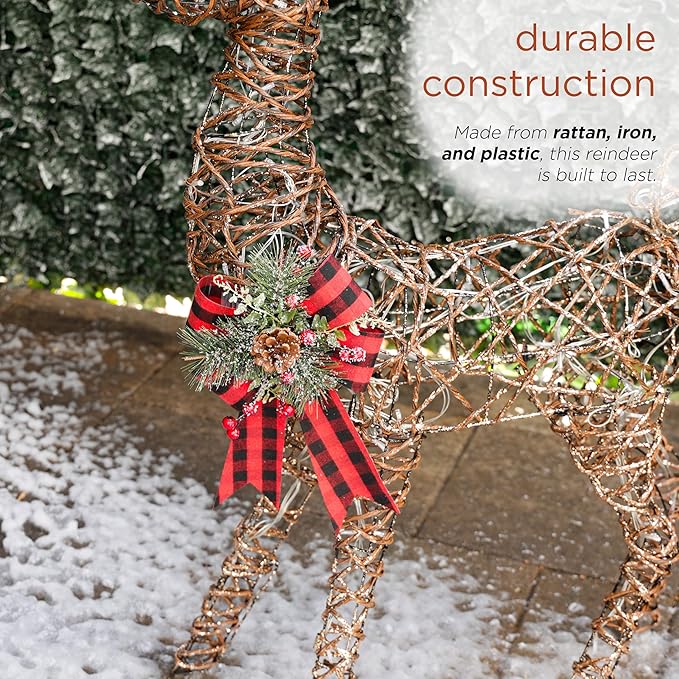 Alpine Corporation 49" Rattan Standing Reindeer Statues with Ribbon and LED Lights, Christmas Decor