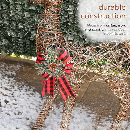 Alpine Corporation 49" Rattan Standing Reindeer Statues with Ribbon and LED Lights, Christmas Decor