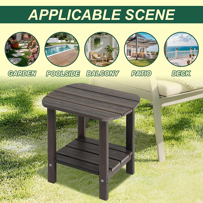 LZRS 2-Tier Patio Side Table, Heavy Duty HDPE Outdoor End Table with Wood Texture, Weatherproof Composite Table for Adirondack Chairs, Deck, Pool, Indoor/Outdoor, No Peeling Cracking(Brown Mixture)