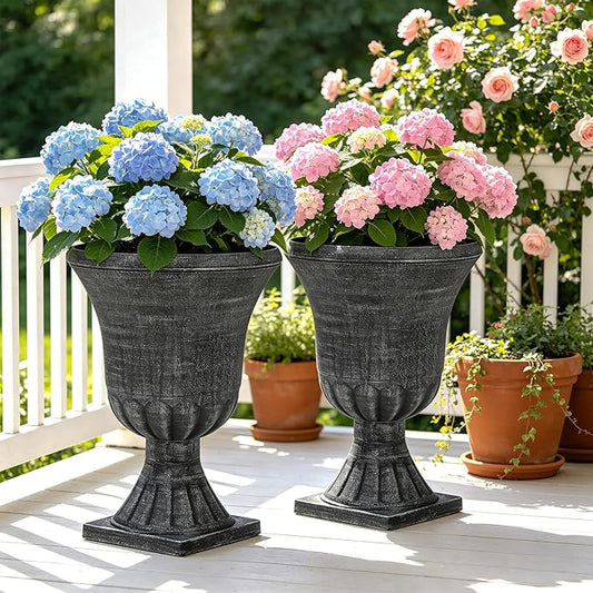 22" Timeless Urn Planters for Outdoor Plants, Set of 2 Plastic Large Flower Pot with Handmade Washed Black Finish, Weather-Resistant for Porch, Garden, Patio or Indoor Use