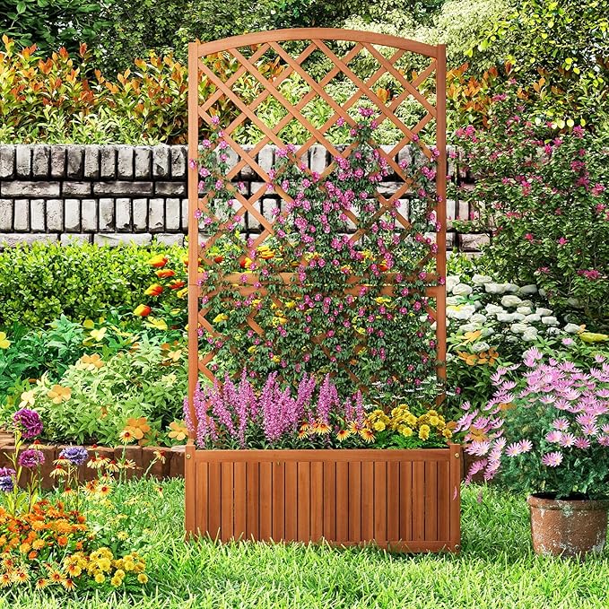 Giantex Solid Acacia Wood Planter Box with Trellis, 63" Set of 2 Raised Garden Bed with Trellis, Plant Box, Slat Base, Outdoor Privacy Planter for Vine Climbing Plants Flowers, Garden, Patio, Balcony