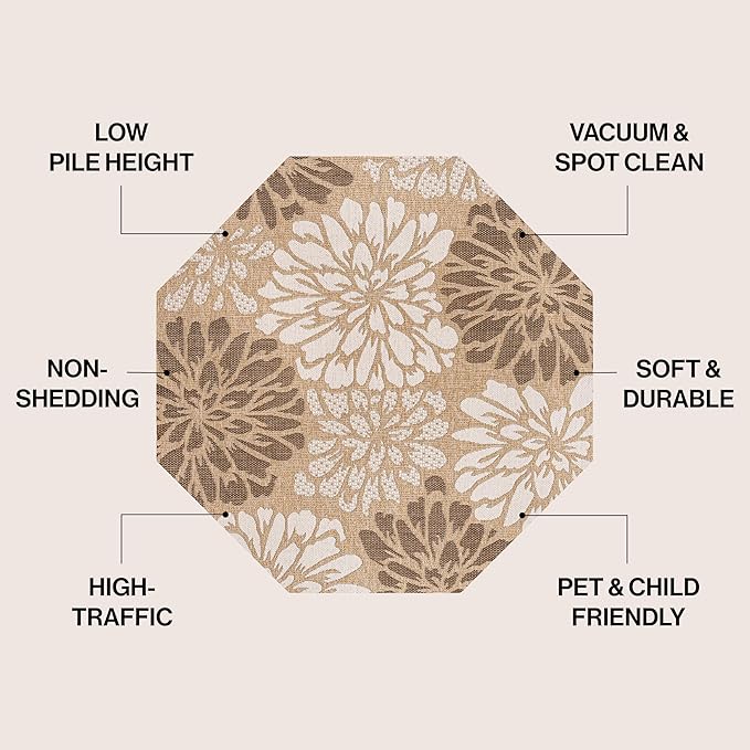 JONATHAN Y Floral Textured Weave Indoor Outdoor Octagon Area Rug 8 Ft Brown/Cream, Zinnia Modern for Backyard, Patio, Porch, Easy-Cleaning, High Traffic, Pet-Friendly, Non-Shedding (SMB110I-8TGN)