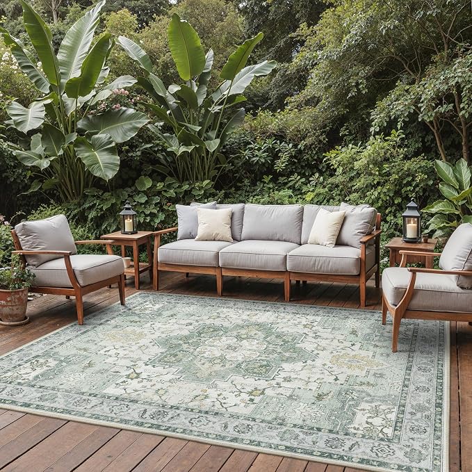 GENIMO Outdoor & Indoor Area Rug 8'x10', Waterproof, Non-Shedding, Easy Cleaning, Boho Mat for Patio, Living Room, Balcony, Dining Room, RV, Deck, Bedroom, Camping, Outside Carpet,Light Green
