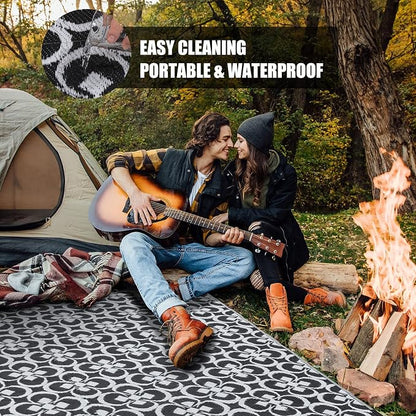 HUGEAR Outdoor Rug, Large Waterproof Outdoor Area Rug, Reversible Portable Outdoor Plastic Straw Carpet for RV Deck Camping Front Door Indoor Outside Porch Picnic (5x8ft Clover Black&White)