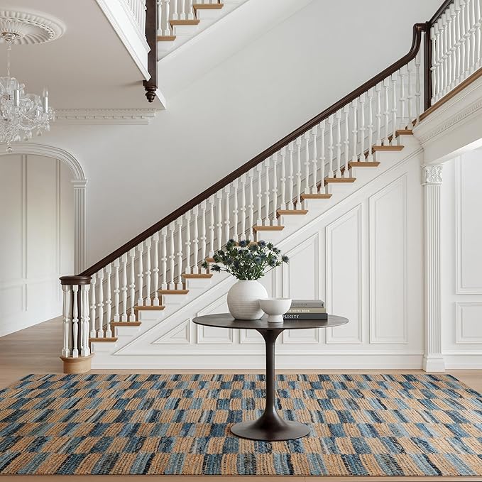 Dash & Albert Ravel Stripe Blue Machine Washable Rug, 2 X 3 Feet, Tan/Blue Stripe Pattern