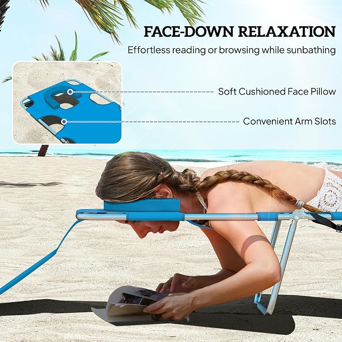Outsunny Chaise Lounge Chair Outdoor w/Face Arm Hole Light Blue | 5-Position Reclining, Face Down, Carry Strap, Side Pocket, Portable, Folding Tanning Bed Cot, for Patio Beach Pool