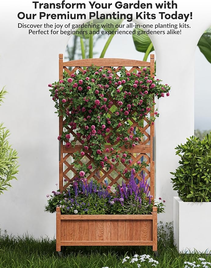 IDEALHOUS Large Raised Garden Bed with Trellis & Wheels, 61" Wooden Mobile Planter Box with Drainage Hole, Freestanding Vertical Planter for Outdoor Indoor Patio Lawn Herbs Flowers Vegetables, 2 Pack