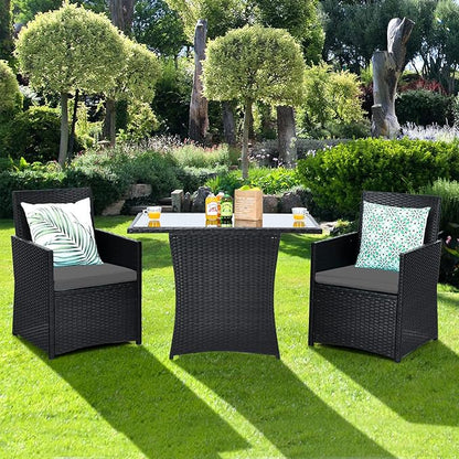 HAPPYGRILL 3 Piece Outdoor Wicker Bistro Set PE Rattan Dining Table Set with Cushioned Chairs, Patio Conversation Set for Backyard Porch Garden and Poolside