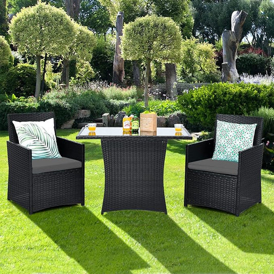 HAPPYGRILL 3 Piece Outdoor Wicker Bistro Set PE Rattan Dining Table Set with Cushioned Chairs, Patio Conversation Set for Backyard Porch Garden and Poolside