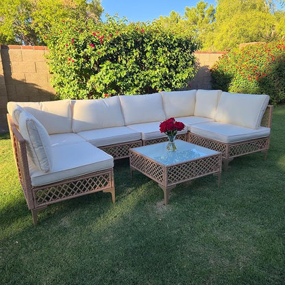 FHFO 7 Piece Outdoor Wicker Patio Furniture Set, Rattan Sectional Sofa Couch, Patio Conversation Set with Cushion & Coffee Table, for Backyard Poolside Porch Garden, Yellow/Beige