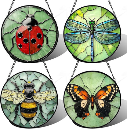 Stained Glass Window Hanging 4 Pcs Set Butterfly Dragonfly Bee Ladybug 9.8" - Suncatcher Door Garden Sun Catcher Decor Birthday Mother's Day for Mom Woman Nana Men