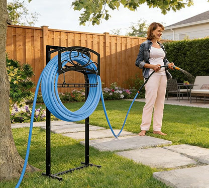 Kingson Freestanding Garden Hose Holder with Storage Basket - Heavy-Duty Black Powder-Coated Steel, Holds 150FT Hose, Detachable & Portable Design with Assembly Tools, Ideal for Outdoor Use