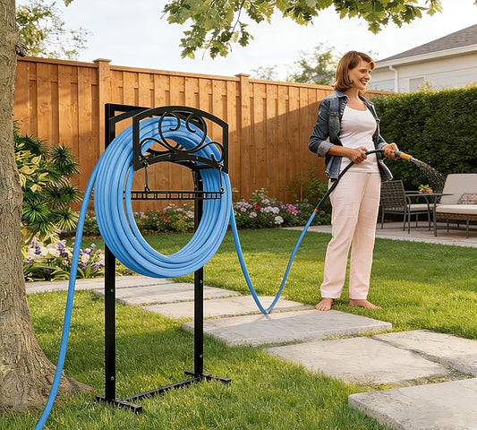 Kingson Freestanding Garden Hose Holder with Storage Basket - Heavy-Duty Black Powder-Coated Steel, Holds 150FT Hose, Detachable & Portable Design with Assembly Tools, Ideal for Outdoor Use