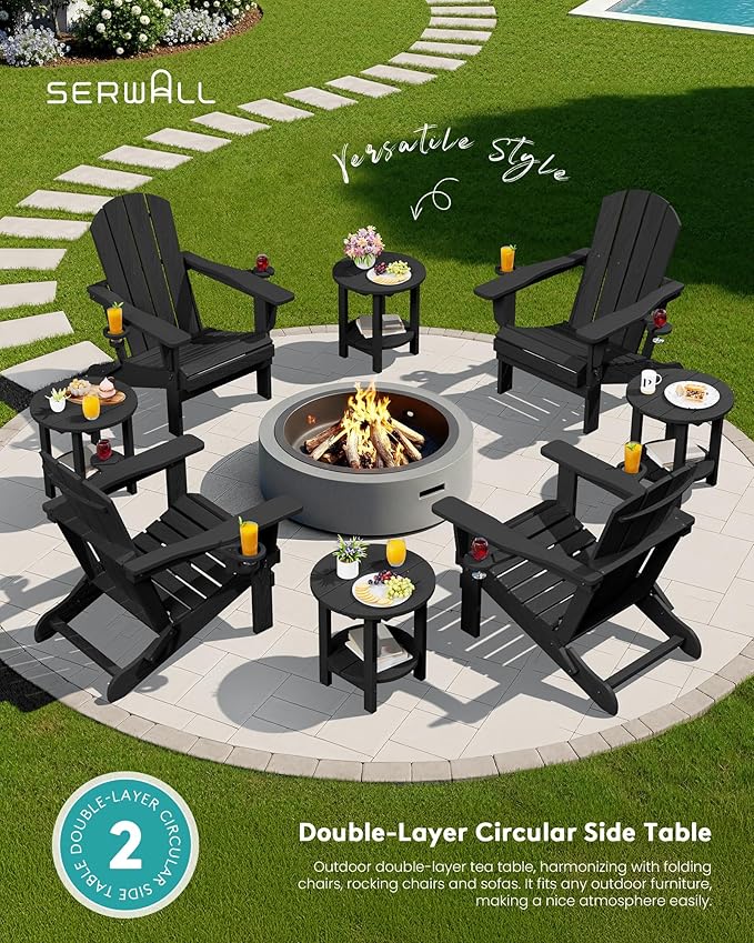 SERWALL Round Outdoor Side Table Set of 2, HDPE Small Adirondack Double End Table, Black