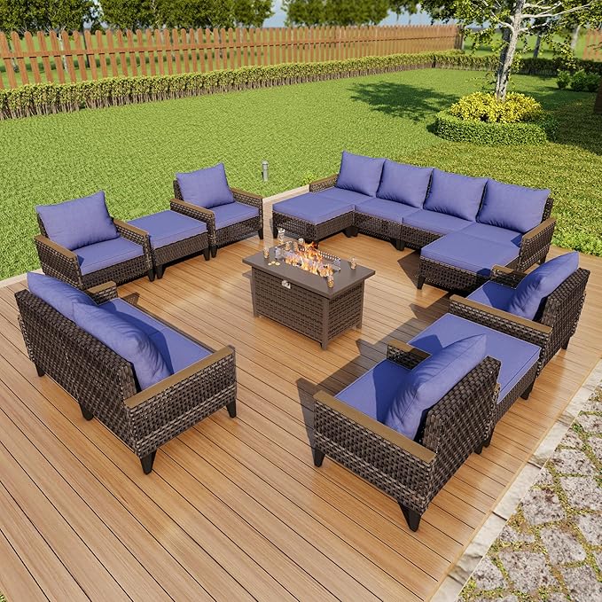 15-Piece Outdoor Patio Furniture Set, Wicker Rattan Conversation Set with Fire Pit Table and Foot Rest, Sectional Modular Sofa Couches Chairs Ottomans for Deck, Balcony, Backyard, Yard (Blue Cushions)