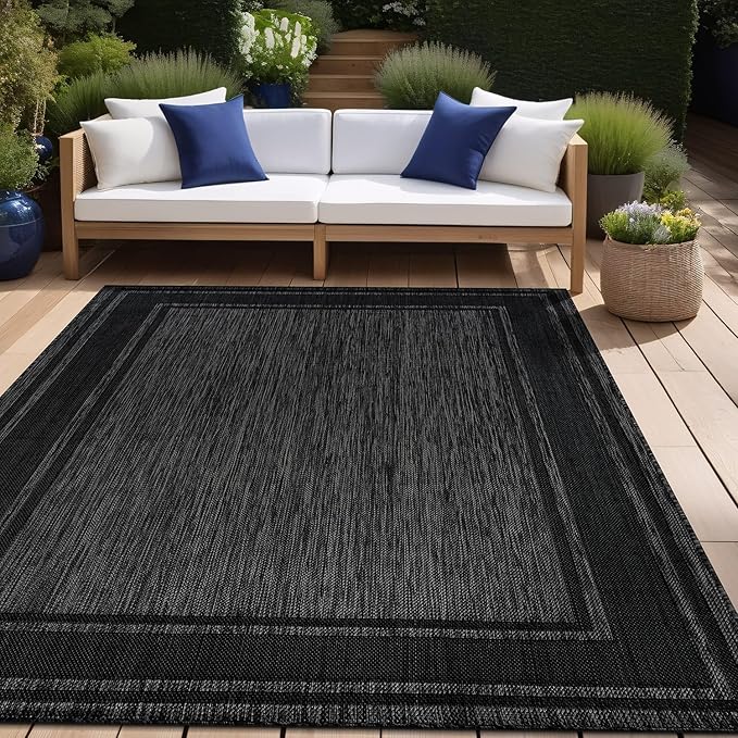 Beverly Rug Outdoor Rug 6x9 Modern Bordered Area Rugs for Indoor and Outdoor Patio Deck Porch Garden Waterproof Weather Sun Resistant Washable Outside Carpet (6 x 9 Black)