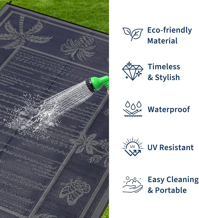 Garvee Outdoor Rug 8x10 Waterproof for Patios, Reversible Plastic Straw Rug, Tropical Leaf Indoor Outdoor Rugs, Large Area Rug for RV, Camping, Deck, Picnic Mat, Outside Carpet