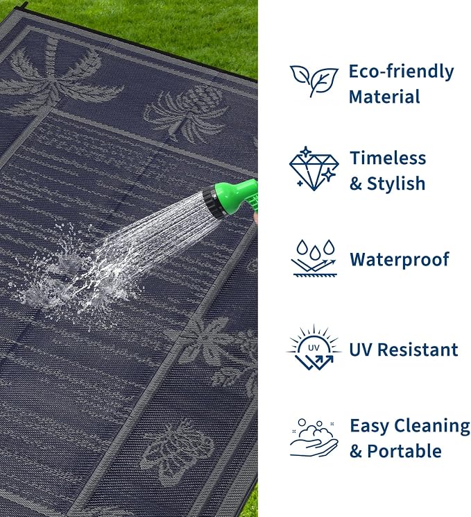 Garvee Outdoor Rug 5x8 Waterproof for Patios, Reversible Plastic Straw Rug, Tropical Leaf Indoor Outdoor Rugs, Large Area Rug for RV, Camping, Deck, Picnic Mat, Outside Carpet, Navy & Grey