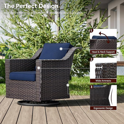7 Pieces Wicker Patio Furniture, Luxury Outdoor Furniture with 2 Patio Swivel Chair, 3-Seater Sofa, 2 Patio Ottoman, 1 Coffee Table and 1 Side Table, Wide Armrest, Thickened Cushions