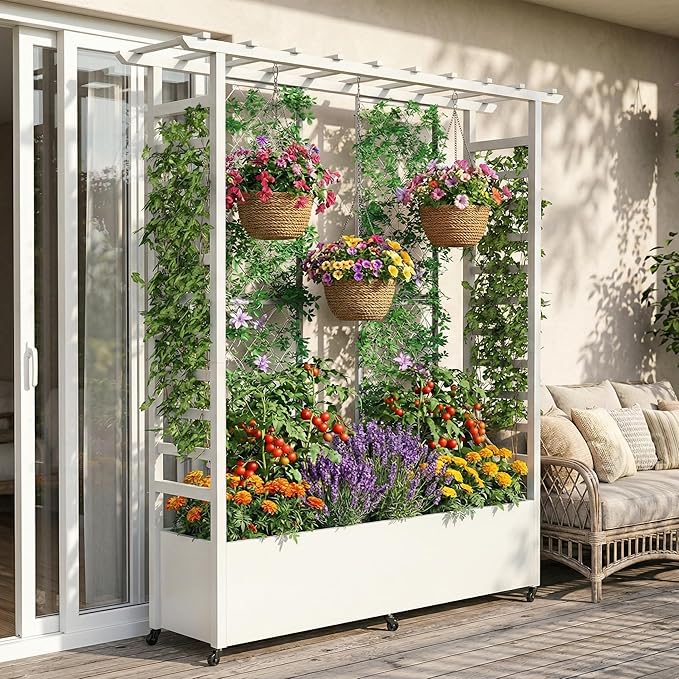 74" Mobile Planter with Trellis,Weatherproof Vertical Raise Garden Bed with Trellis & Hanging Roof for Climbing Plants,Flowers,Vegetables,Rust-Proof Metal Privacy Planter for Patio (White-B)