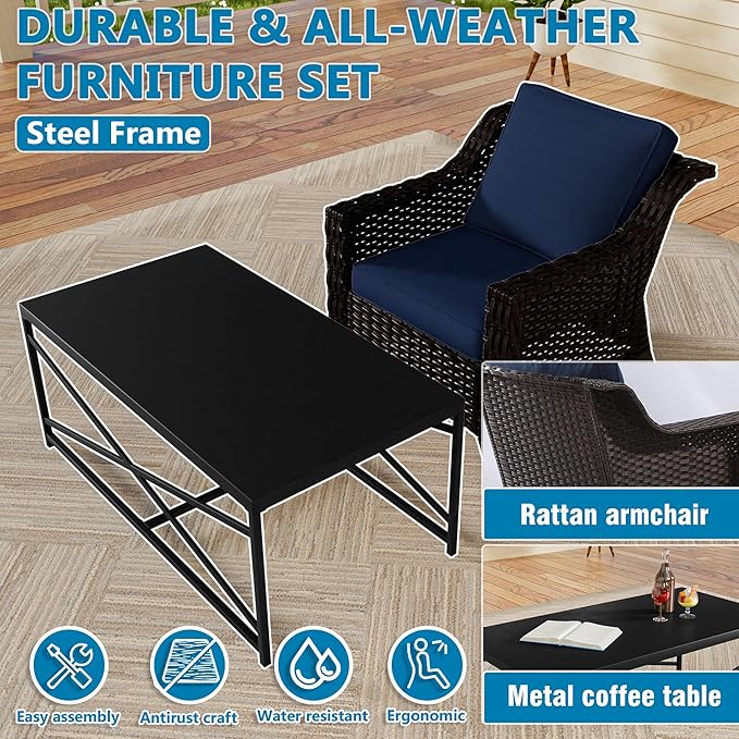 VistaVibe 3 Pieces Outdoor Patio Conversation Furniture Set - 78" 3-seat Sofa | 2 Wicker Chairs, Deep Seat Loveseat, Removable Cushions, Hand-Woven PE Rattan Couch, Balcony (Brown/Navy)