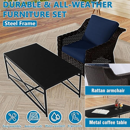 VistaVibe 3 Pieces Outdoor Patio Conversation Furniture Set - 78" 3-seat Sofa | 2 Wicker Chairs, Deep Seat Loveseat, Removable Cushions, Hand-Woven PE Rattan Couch, Balcony (Brown/Navy)