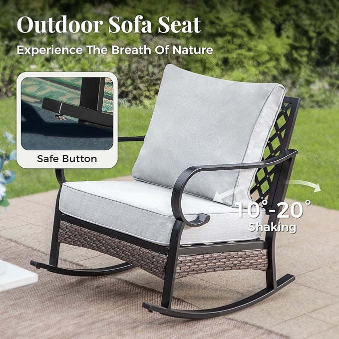 Patio Furniture Set with Firepit Table, Black Frame Outdoor Conversation Set with 2 x Rocking Chairs, 1 x 2-Seat Sofa, 1 x 3-Seat Sofa for Lawn Garden Backyard, Light Grey