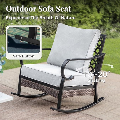 Patio Furniture Set with Firepit Table, Black Frame Outdoor Conversation Set with 2 x Fixed Chairs, 2 x Rocking Chairs, 1 x 3-Seat Sofa for Lawn Garden Backyard, Light Grey