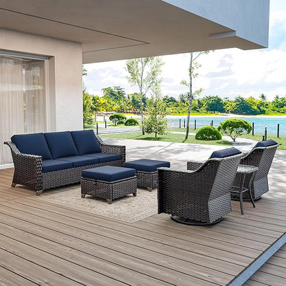 6 Pieces Wicker Patio Furniture, Luxury Outdoor Furniture with 2 Patio Swivel Chair, 3-Seater Sofa, 2 Patio Ottoman and 1 Side Table, Wide Armrest, Thickened Cushions
