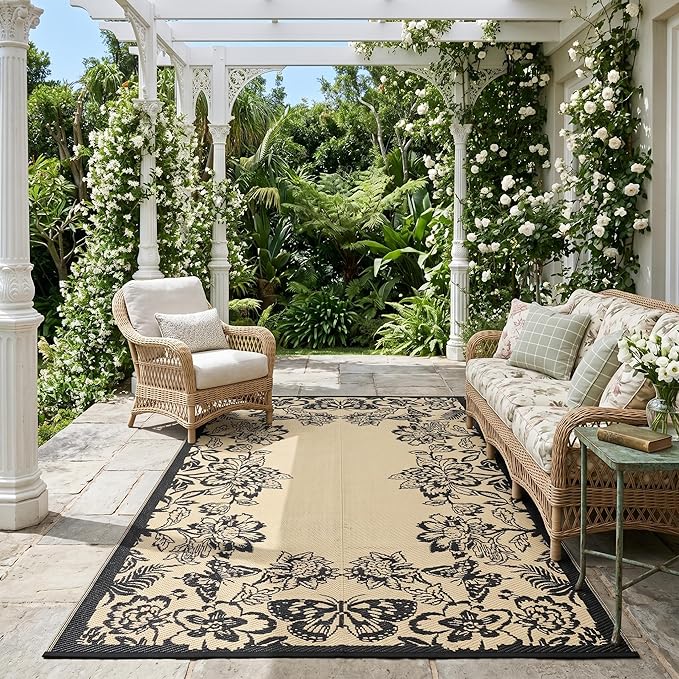 Garvee 5’x8’ Waterproof Patio Outdoor Rug, Outdoor Plastic Straw Rug for Camping, RV Mat Outside, Indoor Outdoor Carpet for Porch, Deck, Backyard, Balcony, Picnic, Black & Brown